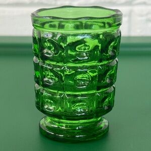 L. E. Smith Glass green glass toothpick holder "Dominion" pattern 3” tall